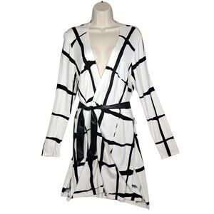 Chicos Open Front Belted Cardigan Windowpane Black White Duster Long Womens M/8